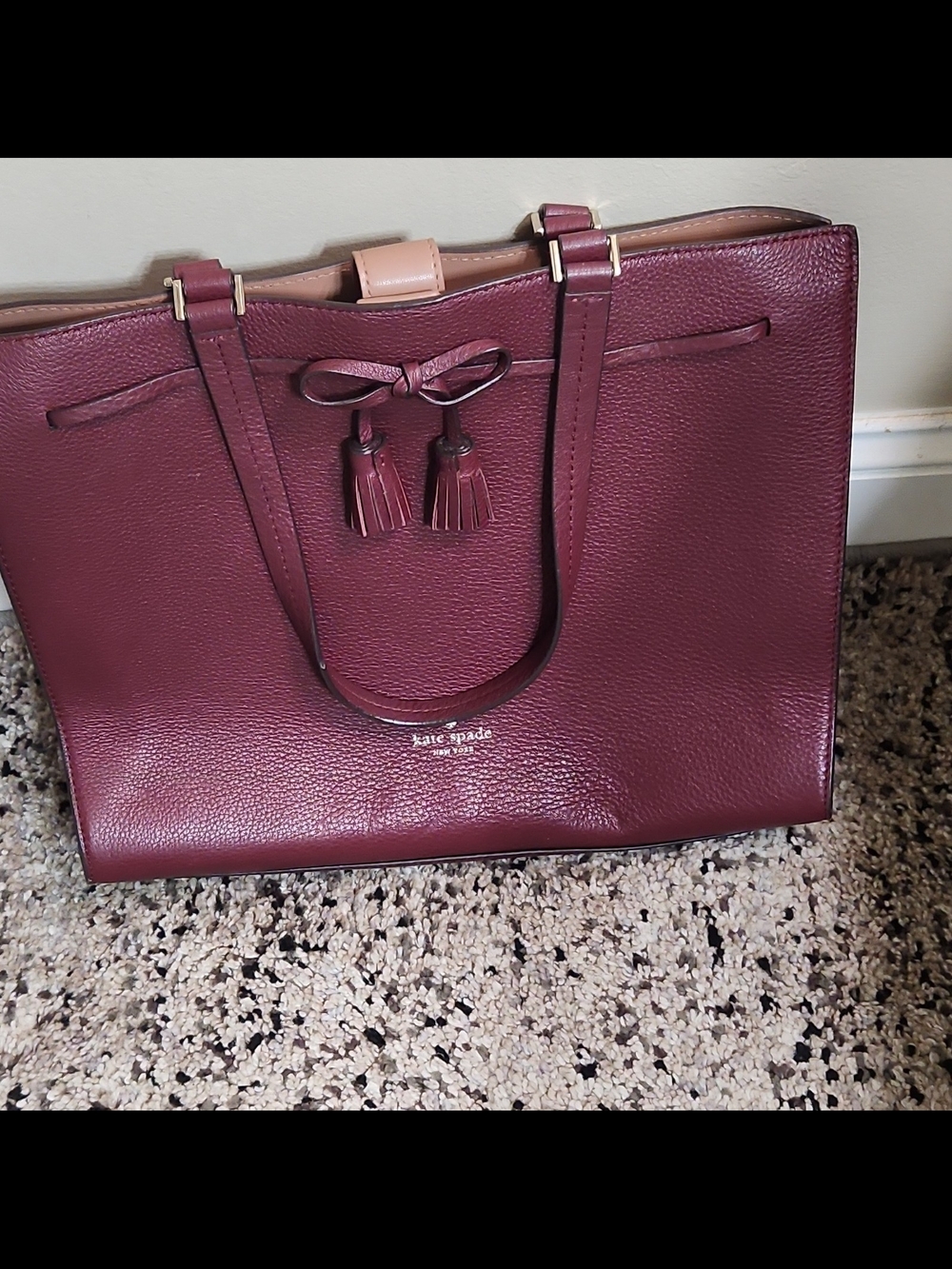 kate spade Burgundy Leather Tote with Tassel Bow
